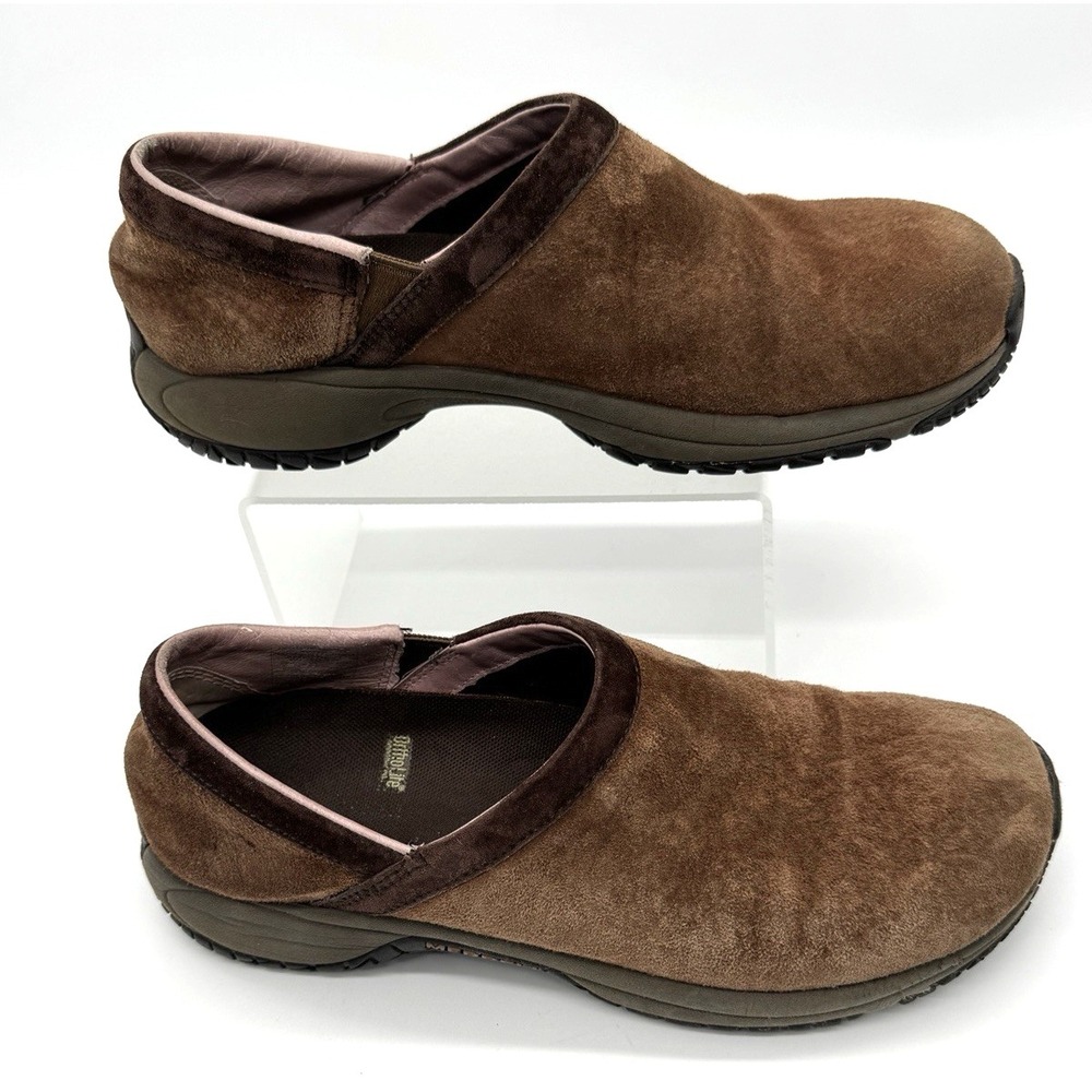 Merrell Encore Adams Dark Earth Brown Suede Leather Slip‎ On Clog Womens Size 9